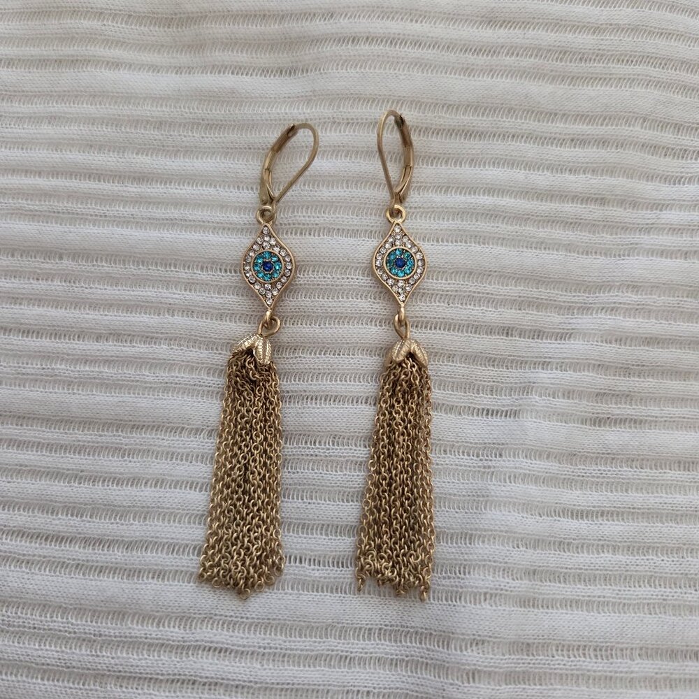 Rhinestone Evil Eye Tassel Earrings Matte Gold Tone Chains Leverback Dangle 3”